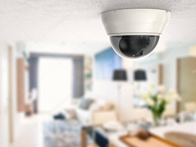 Ceiling-mounted dome CCTV camera in a corridor